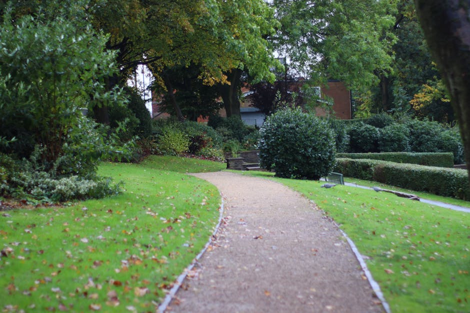 A neatly maintained garden featuring a freshly mowed lawn with vibrant green, trimmed grass alongside stone pathways. In the background, there are well-shaped hedges and a variety of leafy trees, some